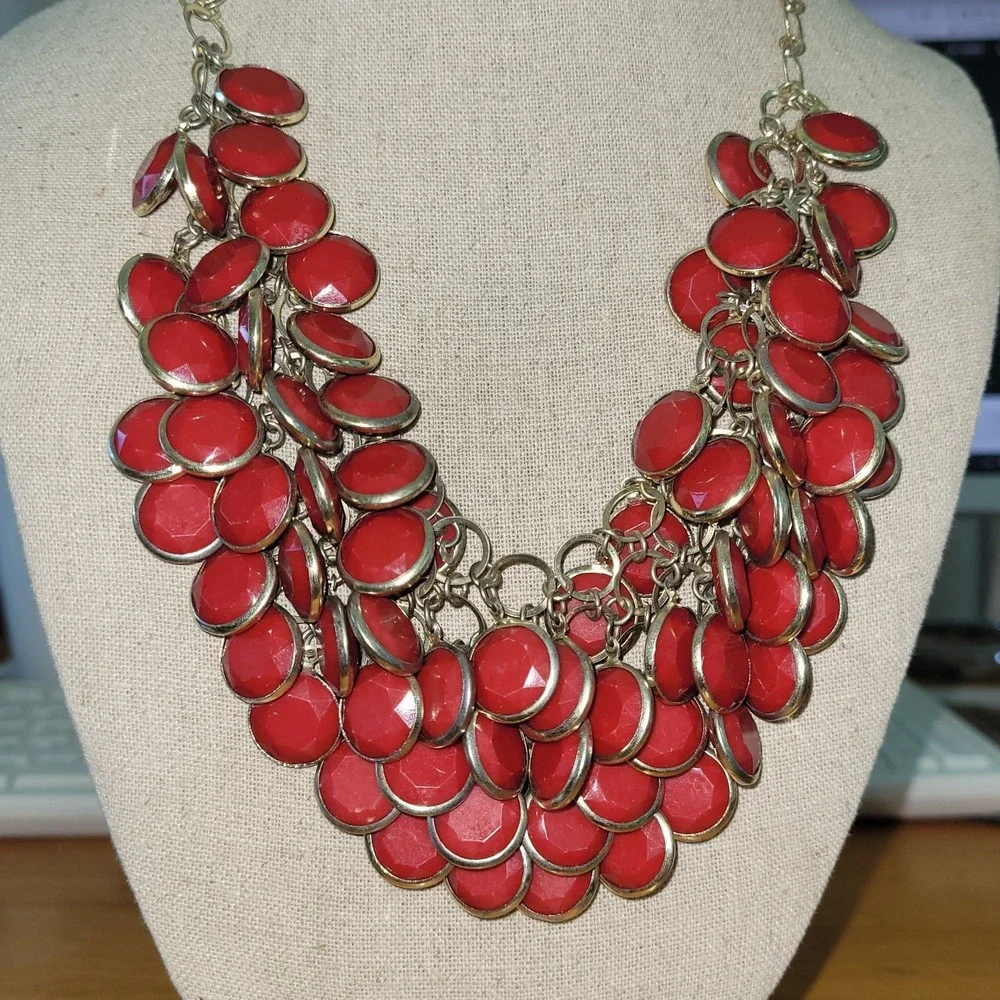 Chunky Faceted Bib Necklace Pair Black Red Cabochon Statement 20 Inch Lot Vtg